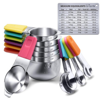MCS-304-03YJ01-U01-A13P-MT U-Taste Measuring Cups and Spoons Set of 13 in 18_8 Stainless Steel_ 7 Measuring Cups and 5 Measuring Spoons with 1 Professional Magnetic Measurement Conversion Chart (Clear)